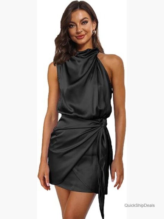 Dresses & Skirts - Satin Sleeveless Mock Neck Tie Waist Cocktail Party Dress